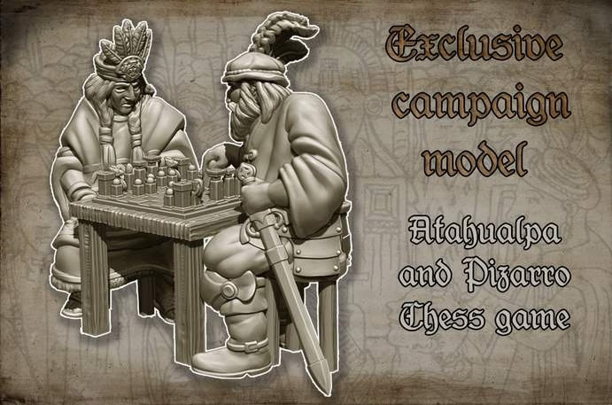 Maya Chess game between Atahualpa and Pizarro Historical and Fantasy Wargaming Sculpted by Red Copper Miniatures for Tabletop Games, Dioramas and Statues, Available in 15mm, 20mm, 28mm, 32mm, 54mm and 75mm Statue Scale