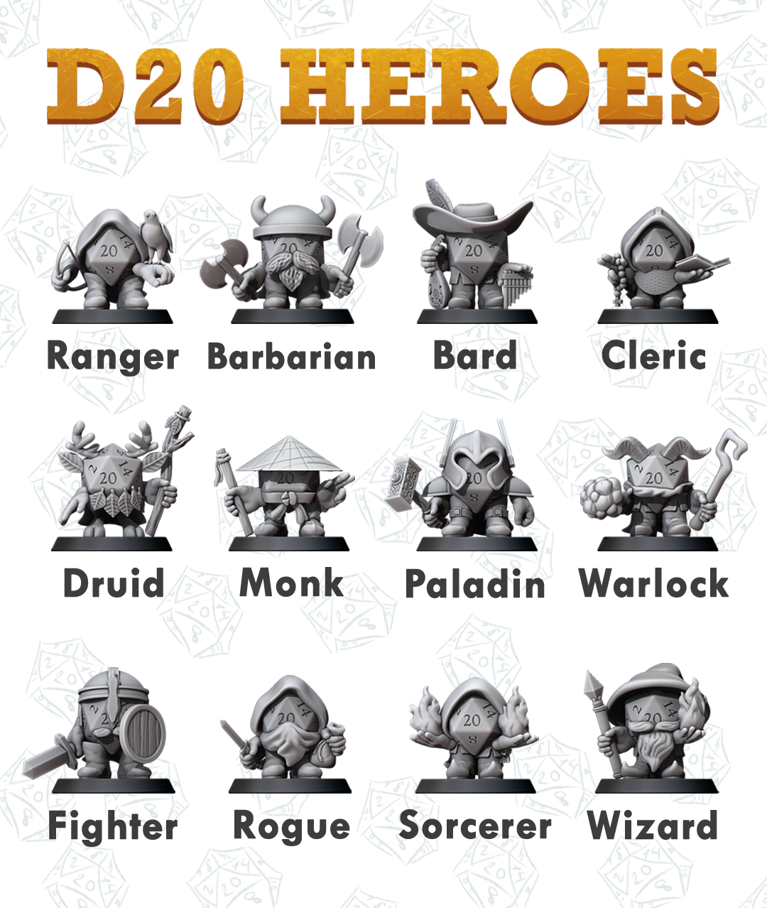 D20 Bakers Dozen Set, All 12 5e Classes Plus Artificer Construct Hero's (Small) by Minitaurus for Tabletop Games, Dioramas and Statues, Available in 15mm, 28mm, 32mm, 32mm heroic, 54mm and 75mm Statue Scale