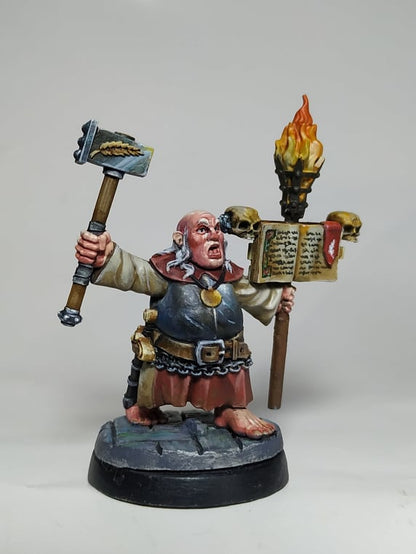 Halfling Warpriest With Warhammer and Torch by Ezipion for Tabletop Games, Dioramas and Statues, Available in 15mm, 28mm, 32mm, 32mm heroic, 54mm and 75mm Statue Scale