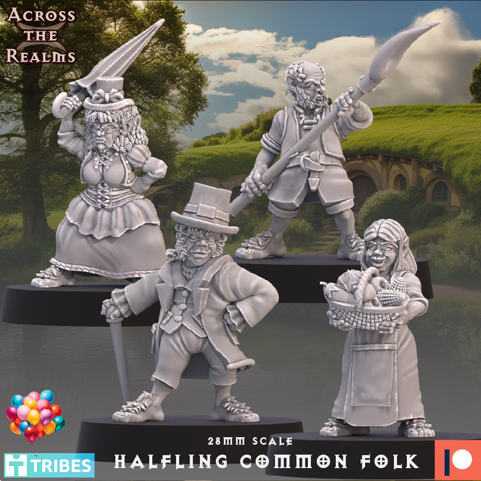 Halfling Commoners by Across the Realms for Tabletop Games, Dioramas and Statues, Available in 15mm, 28mm, 32mm, 32mm heroic, 54mm and 75mm Statue Scale