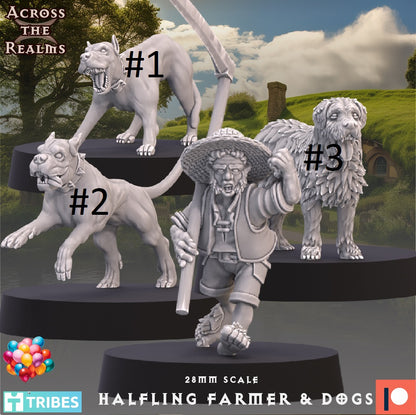 Halfling Farmer and Hounds, Good Farm Dogs by Across the Realms for Tabletop Games, Dioramas and Statues, Available in 15mm, 28mm, 32mm, 32mm heroic, 54mm and 75mm Statue Scale