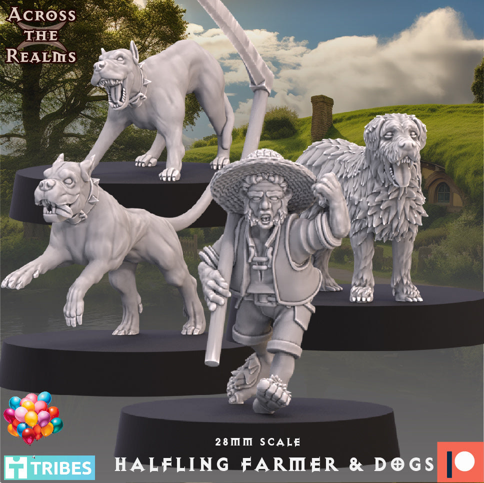 Halfling Farmer and Hounds, Good Farm Dogs by Across the Realms for Tabletop Games, Dioramas and Statues, Available in 15mm, 28mm, 32mm, 32mm heroic, 54mm and 75mm Statue Scale