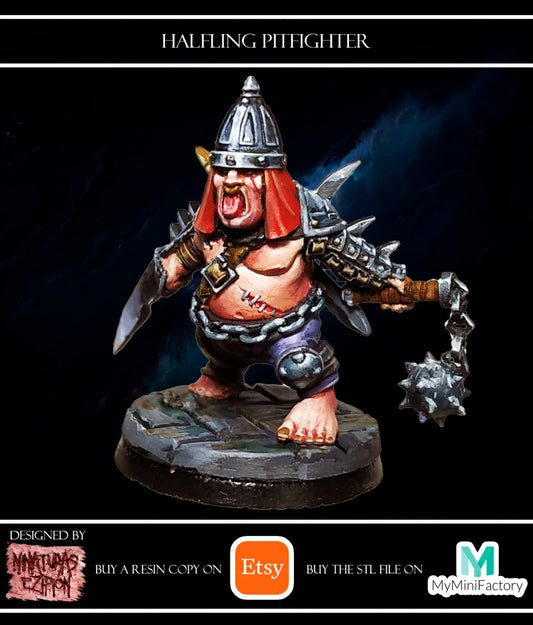 Halfling Flagellant Pit Fighter Slave Warrior with Gauntlet and Morning Star by Ezipion for Tabletop Games, Dioramas and Statues, Available in 15mm, 28mm, 32mm, 32mm heroic, 54mm and 75mm Statue Scale