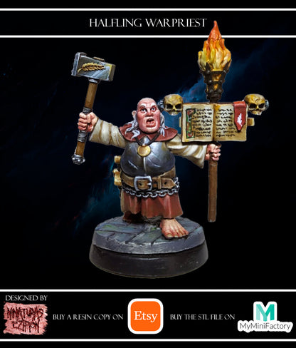 Halfling Warpriest With Warhammer and Torch by Ezipion for Tabletop Games, Dioramas and Statues, Available in 15mm, 28mm, 32mm, 32mm heroic, 54mm and 75mm Statue Scale