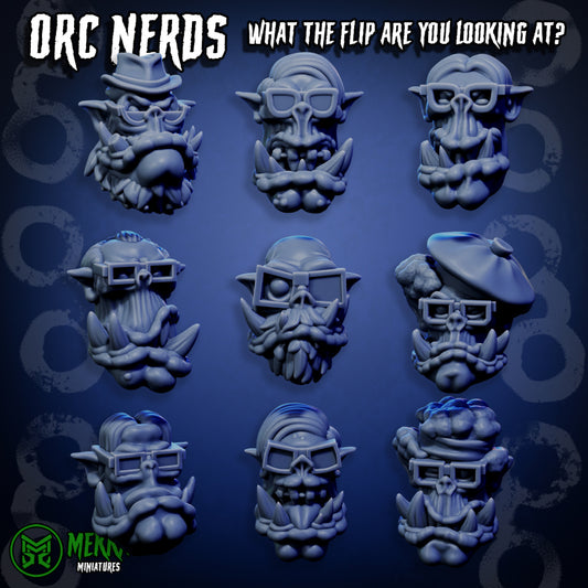 Orc Nerds Pack of 9 Heads for Greenskins Collectors Sculpted by Mekka Miniatures for Tabletop Games, Dioramas and Statues
