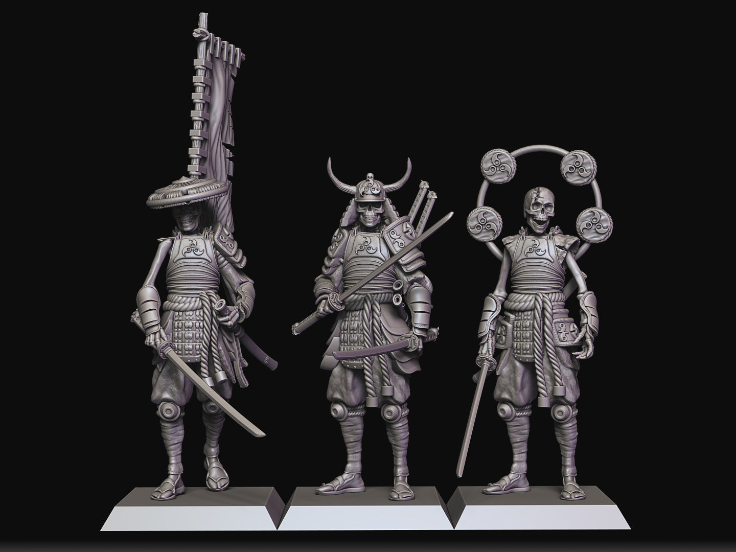 Katana Skelton Command Group by Raven Twins Miniatures, Perfect for 28mm, 32mm and larger games! Undead Samurai Skeletons!