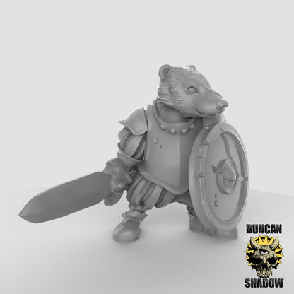 Badger Folk Warrior Knight by Duncan Shadow Luca for Tabletop Games, Dioramas and Statues, Available in 15mm, 28mm, 32mm, 32mm heroic, 54mm and 75mm Statue Scale