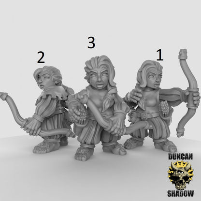 Female Halfling with Bow Archer Bandit Ranger by Duncan Shadow Luca for Tabletop Games, Dioramas and Statues, Available in 15mm, 28mm, 32mm, 32mm heroic, 54mm and 75mm Statue Scale