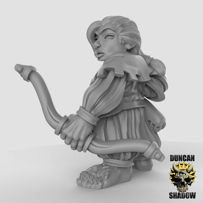 Female Halfling with Bow Archer Bandit Ranger by Duncan Shadow Luca for Tabletop Games, Dioramas and Statues, Available in 15mm, 28mm, 32mm, 32mm heroic, 54mm and 75mm Statue Scale