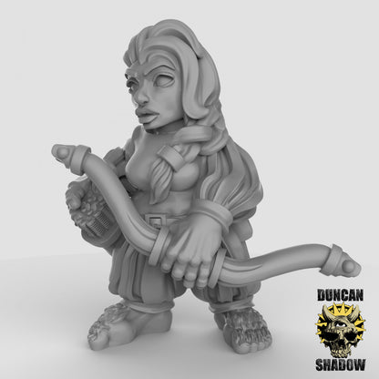 Female Halfling with Bow Archer Bandit Ranger by Duncan Shadow Luca for Tabletop Games, Dioramas and Statues, Available in 15mm, 28mm, 32mm, 32mm heroic, 54mm and 75mm Statue Scale