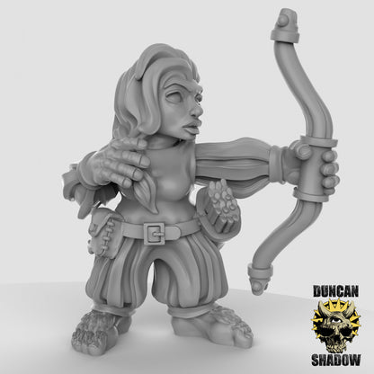 Female Halfling with Bow Archer Bandit Ranger by Duncan Shadow Luca for Tabletop Games, Dioramas and Statues, Available in 15mm, 28mm, 32mm, 32mm heroic, 54mm and 75mm Statue Scale