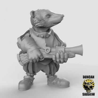 Badger Folk Blunderbuss Warrior Knight by Duncan Shadow Luca for Tabletop Games, Dioramas and Statues, Available in 15mm, 28mm, 32mm, 32mm heroic, 54mm and 75mm Statue Scale