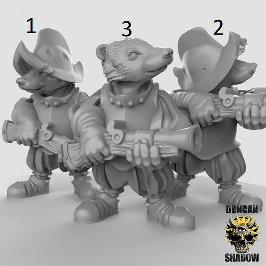Badger Folk Blunderbuss Warrior Knight by Duncan Shadow Luca for Tabletop Games, Dioramas and Statues, Available in 15mm, 28mm, 32mm, 32mm heroic, 54mm and 75mm Statue Scale
